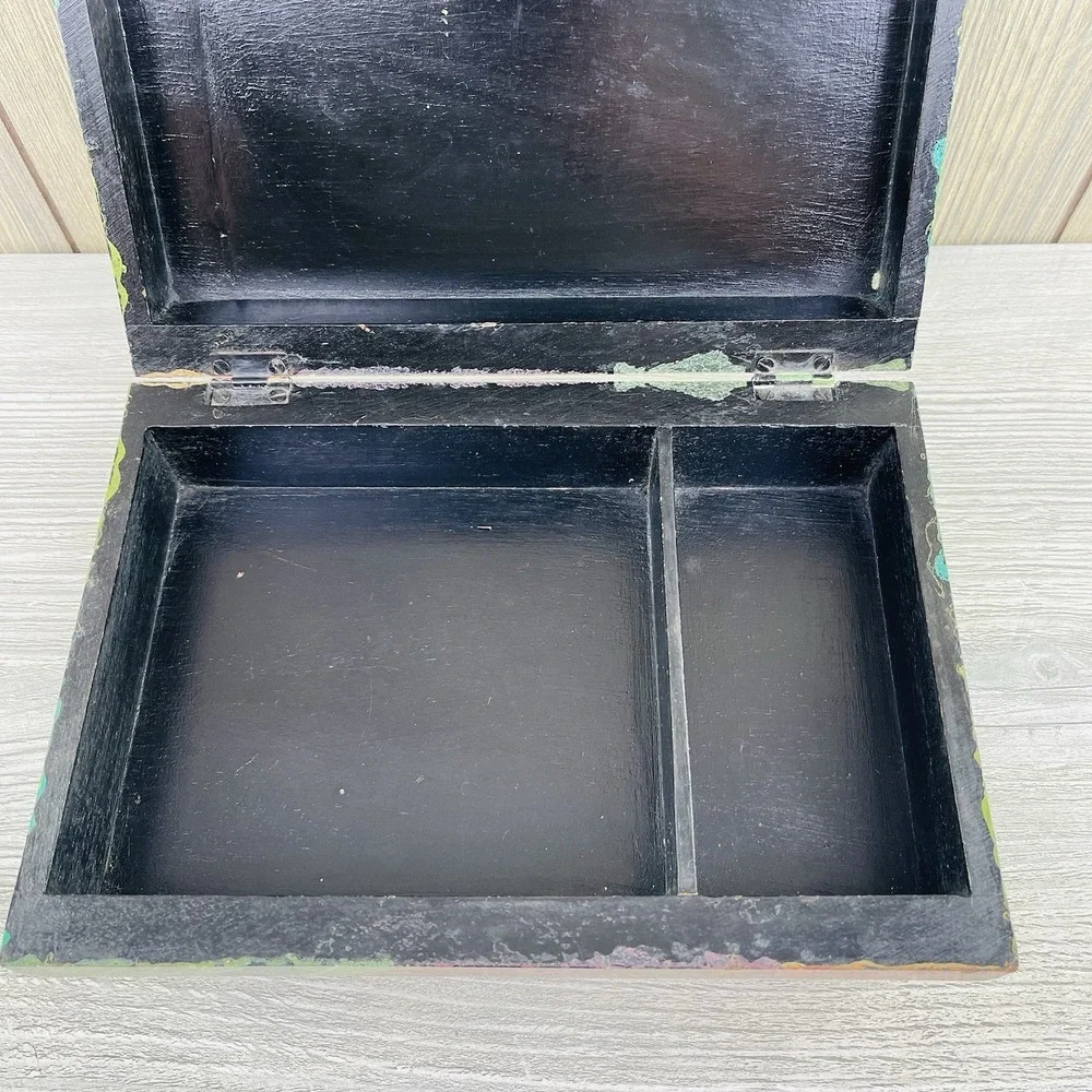 Vintage Hand Painted Wooden Box Parrot Floral Jewelry Storage Trinket